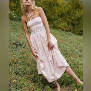 Free People Onda Midi Dress Baby Pink Nectar Drop-Waist Tube Romantic Peasant